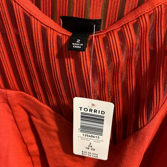 Torrid Red Terracotta Premium Ponte Yoke Peplum Shadow Stripe Top - Picture 4 of 7